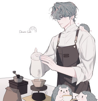 1boy apron bag black_apron closed_eyes closed_mouth coffee_pot coffee_press collared_shirt commentary_request cup doremin_(freodore)_(nijisanji) freodore_(nijisanji) heart hedgehog highres holding holding_coffee_pot holding_cup korean_commentary looking_down male_focus nijisanji nijisanji_en on_shoulder open_cuffs paper_bag parted_bangs pouring pu_yo shirt sleeve_cuffs smile solo standing virtual_youtuber white_background white_shirt