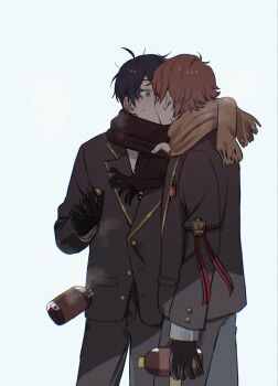 Rule 34 | 2boys, ace trappola, aqua eyes, armband, black gloves, black hair, black jacket, black pants, black scarf, brown hair, brown scarf, buttoned cuffs, buttons, clothes grab, commentary request, deuce spade, facial mark, gloves, gold trim, highres, holding, jacket, kiss, lapels, long sleeves, looking at another, male focus, multiple boys, neckwear grab, night raven college school uniform, notched lapels, pants, parted bangs, scarf, scarf grab, school uniform, shirt, short hair, simple background, spade (shape), standing, suit jacket, twisted wonderland, uniz mz, white background, white shirt, wide-eyed, yaoi