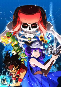 1girl 6+boys antique_firearm artist_request baby_dragon_(clash_royale) bare_shoulders beard belt blue_cape blue_dress blue_eyes blunderbuss breath_weapon breathing_fire brown_belt cape clash_royale clenched_teeth crown dagger dragon dress electricity electro_wizard electro_wizard_(clash_royale) electrokinesis facial_hair fire fire_spirit_(clash_royale) firearm flying fur_hat giant_skeleton_(clash_royale) goblin goblin_(clash_royale) grin gun hat helmet highres ice ice_spirit_(clash_royale) king_(clash_royale) knife looking_at_viewer magic mini_pekka_(clash_royale) monster multiple_boys musket musketeer_(clash_royale) mustache pointy_ears purple_hair skeleton sleeveless sleeveless_dress smile spirit suspenders sword tagme teeth ushanka weapon