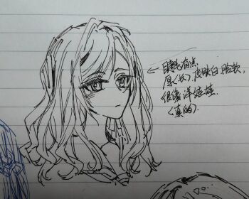 Rule 34 | 1girl, arrow (symbol), ceras yanagida lilienfeld, chinese text, closed mouth, commentary request, cropped shoulders, expressionless, greyscale, hair ribbon, highres, link! like! love live!, long hair, love live!, monochrome, pen (medium), photo (medium), ribbon, sailor collar, solo, traditional media, translation request, virtual youtuber, yrxy settingsun