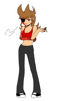 1girl animification antenna_hair black_pants black_shoes bra breasts brown_hair burn_scar cigar cleavage commentary_request drawstring eddsworld eyepatch flipped_hair full_body hair_ears highres holding holding_cigar hood hood_down hoodie jitome korean_commentary long_hair long_sleeves looking_at_viewer mechanical_arms medium_breasts midriff navel pants red_bra red_eyes scar shoes sidelocks simple_background single_mechanical_arm slit_pupils smoking sneakers solo standing tachi-e tori_(eddsworld) underwear wangnyunim white_background