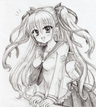 Rule 34 | 1girl, :d, back bow, blush, bow, breasts, collarbone, commentary request, cowboy shot, frilled necktie, frilled shirt, frilled shirt collar, frills, graphite (medium), greyscale, hair between eyes, hair ribbon, hand on railing, hatching (texture), hidan no aria, ichiha sanami, long hair, long sleeves, looking at viewer, medium breasts, mine riko, monochrome, necktie, notice lines, open mouth, pleated skirt, ribbon, sailor collar, school uniform, serafuku, shirt, simple background, skirt, smile, solo, standing, teeth, traditional media, two side up, upper teeth only, very long hair