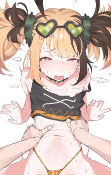 1futa 1girl absurdres bikini black_shirt blush brown_hair cecilia_immergreen censored doll_joints eyewear_on_head flat_chest futa_with_female futanari gigi_murin gigi_murin_(chatacabra) gold_bikini highres hololive hololive_english implied_sex joints loli long_hair looking_at_viewer lying mirumiruchan multicolored_hair multiple_girls navel nipples off_shoulder on_back open_mouth out-of-frame_censoring pink_eyes pov saliva sex shirt short_twintails sleeves_rolled_up solo_focus stomach_bulge sunglasses sweat swimsuit tank_top teeth tongue torso_grab twintails vaginal white_background