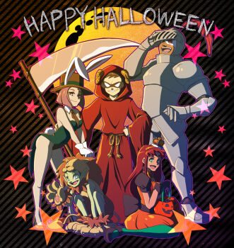 2girls 3boys alien alternate_costume animal_costume animal_ears animal_hands armor beast_boy_(dc) bow cartoon_network cloak colored_skin crown cyborg cyborg_(dc) dark_skin dc_comics dick_grayson domino_mask dress eye_mask fake_animal_ears gauntlets gloves green_eyes green_legwear green_skin halloween happy_halloween hat helmet jack-o'-lantern ladama lion_costume mary_janes mask multiple_boys multiple_girls necktie orange_dress paw_gloves playboy_bunny rabbit_ears rabbit_tail raven_(dc) robin_(dc) scythe shoes starfire tail teen_titans top_hat victor_stone white_gloves