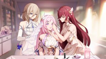 3girls absurdres alternate_costume aponia applying_another's_makeup applying_makeup bare_shoulders blonde_hair blue_eyes breasts bridal_veil brown_hair cen_(cenll) chinese_commentary cleavage collarbone commentary_request compact_(cosmetics) corset cosmetics diamond-shaped_pupils diamond_(shape) dress eden_(honkai_impact) elysia_(herrscher_of_human:_ego)_(honkai_impact) elysia_(honkai_impact) hair_between_eyes highres holding holding_brush holding_makeup_brush honkai_(series) honkai_impact_3rd large_breasts looking_at_another makeup_brush multiple_girls open_mouth pink_hair purple_eyes second-party_edit second-party_source sitting symbol-shaped_pupils veil white_corset white_dress white_hair white_veil yellow_eyes