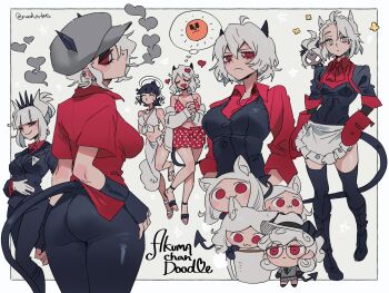 6+girls absurdres angel animal_ears azazel_(helltaker) black_horns black_pants breasts cerberus_(helltaker) cigarette demon_girl demon_tail from_behind full_body glasses gloves grey_background grey_hair halo hat helltaker highres horns horns_through_headwear judgement_(helltaker) justice_(helltaker) looking_at_viewer looking_back lucifer_(helltaker) malina_(helltaker) medium_breasts modeus_(helltaker) multiple_girls noah_(tettsui-sole) pandemonica_(helltaker) pants red_eyes red_gloves red_shirt shirt short_hair simple_background smoking standing tail twitter_username white_halo zdrada_(helltaker)