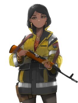 1girl american_flag black_hair brown_eyes cowboy_shot cup dark-skinned_female dark_skin earrings facial_mark flag_patch forehead_mark gun gun_sling highres holding holding_cup holster jacket jewelry long_sleeves mole notfuji original parted_bangs partially_unbuttoned rifle short_hair solo thigh_holster weapon white_background yellow_jacket