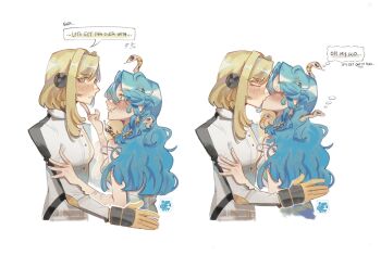 2girls aqua_hair blonde_hair commentary cropped_legs english_commentary english_text f1sh_c4t fangs gloves hand_on_another&#039;s_arm highres hissabeth kiss multiple_girls pointer_(reverse:1999) reverse:1999 shirt short_hair sigh snake snake_on_head speech_bubble thought_bubble wavy_hair white_shirt yuri