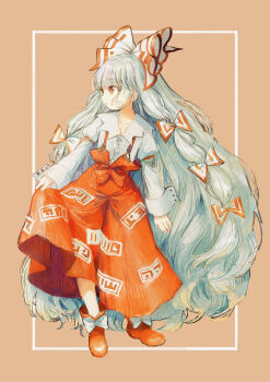 Rule 34 | 1girl, absurdres, bow, bright pupils, canariadraw, collarbone, commentary, footwear bow, fujiwara no mokou, full body, hair bow, highres, long hair, long sleeves, looking to the side, orange background, pants, red eyes, red pants, shirt, simple background, solo, straight hair, strapless, touhou, tube top, two-tone bow, very long hair, white bow, white hair, white pupils, white shirt, white tube top, wrist cuffs