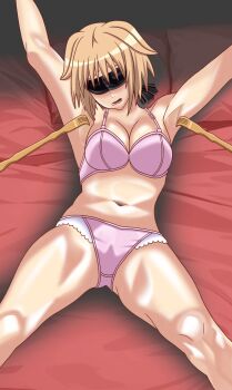 1girl animated animated_gif armpits backscratcher bdsm belly bikini blindfold blonde_hair bob_cut bondage bound bound_arms bra breasts choppy_bangs female_focus hair_flaps highres large_breasts lying midriff molestation navel on_back panties pink_bikini pink_bra pink_panties poking seiki-chan49 seikon_no_qwaser short_hair solo stomach sweat swimsuit teasing teresa_beria thick_thighs thighs tickle_torture tickling tickling_armpits underwear underwear_only variant_set very_sweaty
