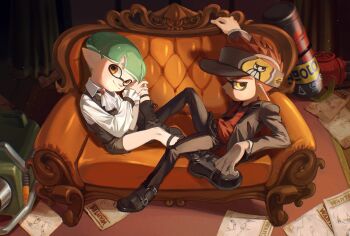 2boys aqua_hair arm_up ascot belt black_footwear black_jacket black_necktie black_pants black_vest blunt_bangs boots brooch closed_mouth collared_shirt couch earrings explosher_(splatoon) frilled_shirt frilled_sleeves frills full_body gem glint grey_shorts half-closed_eyes hands_on_own_knee hands_up happy highres hydra_splatling_(splatoon) indoors ink_1001 inkling inkling_boy inkling_player_character jacket jewelry knee_up long_sleeves looking_at_viewer male_focus multiple_boys necktie nintendo on_couch open_clothes open_jacket orange_eyes own_hands_together pants paper photo_(object) pointy_ears poster poster_(object) profile red_gemstone red_hair red_headwear red_shirt shirt shirt_tucked_in shoes short_hair short_shorts shorts sitting smile spiked_hair splatoon_(series) split_mouth tentacle_hair tentacles vest visor_cap wanted_poster white_ascot white_shirt yellow_eyes