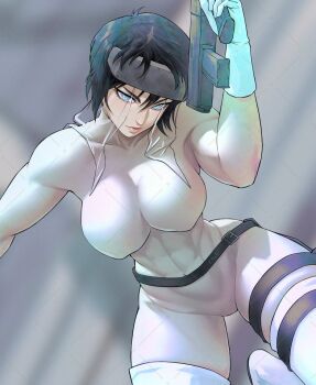 1girl abs belt black_hair blue_eyes bodysuit boots bullpup covered_erect_nipples gabriel_carrasquillo ghost_in_the_shell gloves gun kusanagi_motoko muscular muscular_female short_hair solo toned toned_female weapon white_bodysuit white_gloves