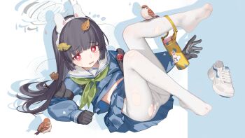 1girl animal_ear_hairband animal_ears bird bird_on_leg black_gloves black_hair blue_archive blue_serafuku blue_shirt blue_skirt bright_pupils dot_nose drop_shadow fake_animal_ears feet flying_sweatdrops furrowed_brow gloves green_neckerchief grey_halo hair_between_eyes hairband halo highres knees_up leaf leaf_on_head legs light_blush loli long_hair long_sleeves looking_at_viewer lying miyu_(blue_archive) neckerchief no_shoes on_back open_mouth panties panties_under_pantyhose pantyhose pleated_skirt polka_dot polka_dot_panties rabbit_ears red_eyes ryuuforkaf sailor_collar school_uniform serafuku shirt shoes skirt small_sweatdrop sneakers soles solo sweatdrop thermos toes torn_clothes torn_pantyhose underwear unworn_shoes very_long_hair white_hairband white_panties white_pantyhose white_pupils white_sailor_collar white_shirt white_shoes