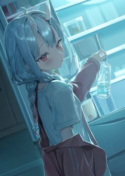 1girl ahoge bottle braid center-flap_bangs commentary_request gradient_hair grey_hair hair_between_horns highres holding holding_bottle hololive horns indoors iruka3 jacket jacket_partially_removed long_hair looking_at_viewer low_twin_braids multicolored_hair nakiri_ayame nakiri_ayame_(cutie_jersey) official_alternate_costume official_alternate_hairstyle oni open_mouth plastic_bottle red_eyes red_hair red_jacket refrigerator shirt skin-covered_horns solo streaked_hair t-shirt twin_braids virtual_youtuber white_shirt