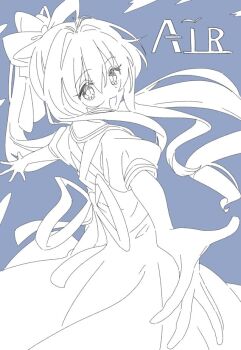 Rule 34 | 1girl, air (visual novel), blue background, copyright name, dress, ixy, kamio misuzu, long hair, partially colored, ponytail, puffy short sleeves, puffy sleeves, school uniform, short sleeves, solo, very long hair