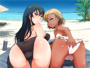Rule 34 | 2girls, ass, beach, bikini, dark-skinned female, dark skin, exodus, long hair, multiple girls, ocean, sex idol island bishoujo idol-tachi ni tanetsuke minami no shima tour, short hair, smile, swimsuit
