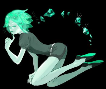 1other adaba3_dabada androgynous black_background closed_eyes colored_eyelashes crystal crystal_hair gem_uniform_(houseki_no_kuni) glowing glowing_hair green_hair highres houseki_no_kuni other_focus parted_bangs parted_lips phosphophyllite phosphophyllite_(gemstone) puffy_short_sleeves puffy_sleeves shards short_hair short_sleeves simple_background solo
