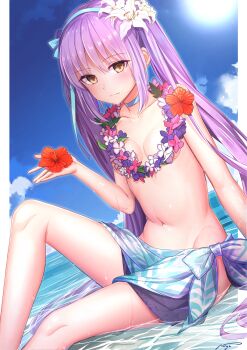 1girl bare_legs blue_headband blue_neckwear blush bow breasts brown_eyes cleavage closed_mouth cloud collarbone commentary_request convenient_necklace day dutch_angle euryale_(fate) euryale_(formal_dress)_(fate) fate/hollow_ataraxia fate_(series) female_focus flower flower_necklace hair_flower hair_ornament headband hibiscus highres holding jewelry knee_up lei long_hair looking_at_viewer navel necklace ocean pink_hair red_flower sarong shiny_skin shuutou_haruka sidelocks signature sitting small_breasts smile solo stomach sun topless_female twintails very_long_hair water white_flower