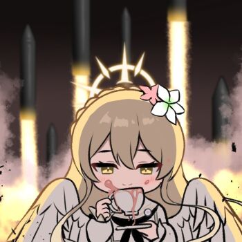 1girl angel_wings backlighting black_neckerchief blonde_hair blue_archive blush closed_mouth commentary cup dress feathered_wings flower hair_between_eyes hair_flower hair_ornament halo holding holding_cup holding_saucer jitome kumarang long_sleeves looking_at_viewer missile nagisa_(blue_archive) neckerchief sailor_collar saucer shaking sidelocks smile solo straight-on tea teacup white_dress white_sailor_collar white_wings wings yellow_eyes