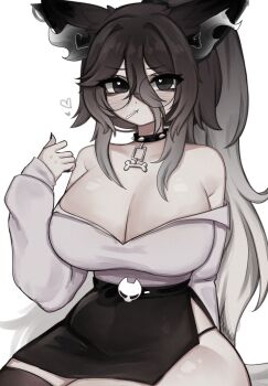 1girl absurdres animal_ears black_choker black_eyes black_hair black_skirt blush breasts choker cleavage closed_mouth commentary cowboy_shot double-parted_bangs english_commentary gradient_hair grey_hair grey_shirt hair_between_eyes hand_up heart heart_in_eye highres huge_breasts indie_virtual_youtuber long_hair long_sleeves looking_at_viewer miniskirt mouth_hold multicolored_hair off_shoulder okariin okariin_(vtuber) shirt side_slit simple_background sitting skirt solo symbol_in_eye white_background wolf_ears wolf_girl