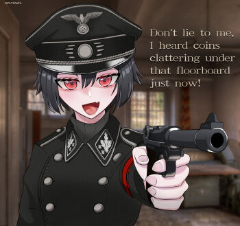 1girl aiming artist_name black_hair black_hat english_text fang hair_between_eyes hat highres jacket koalakanru looking_at_viewer military_hat military_uniform nazi open_mouth original peaked_cap red_eyes reichsadler sven_hoffmann talking tongue