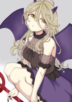 1girl :o ahoge alternate_costume bare_shoulders bat_wings black_skirt blonde_hair breasts cleavage collarbone commentary gradient_background grey_background hair_between_eyes halloween_costume highres horns long_hair long_hair_between_eyes looking_at_viewer looking_up make_heroine_ga_oo_sugiru! medium_breasts mono9ron off-shoulder_shirt off_shoulder polearm purple_horns purple_skirt sanpaku shikiya_yumeko shirt skirt solo squatting trident weapon white_background wings yellow_eyes