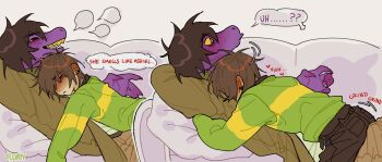 1boy 1futa absurdres brown_hair colored_sclera colored_skin colored_teeth deltarune english_text floatyart freckles furry furry_female futanari genderswap genderswap_(otm) grinding highres implied_incest jacket kris_(deltarune) long_sleeves open_mouth pants purple_skin reptile_girl shirt smile susie_(church_clothes)_(deltarune) susie_(deltarune) teeth utdr_(toby_fox) yellow_sclera yellow_teeth