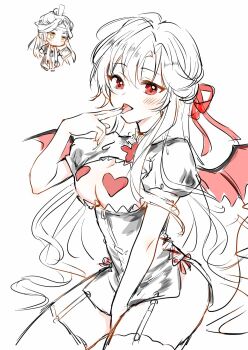 1boy 1girl alternate_costume bat_wings between_legs black_dress blush bow breast_cutouts breasts chibi chibi_inset chinese_commentary cleavage closed_mouth clothing_cutout commentary_request demon_wings dress finger_to_mouth garter_straps genderswap genderswap_(mtf) hair_between_eyes hair_down hair_ribbon half_updo hand_between_own_legs hand_up heart_pasties highres hxhx912872 lan_wangji licking licking_finger long_hair looking_at_viewer medium_breasts miniskirt modao_zushi monochrome official_alternate_hairstyle open_mouth parted_bangs pasties puffy_short_sleeves puffy_sleeves red_bow red_eyes red_ribbon red_wings revealing_clothes ribbon short_sleeves sidelocks simple_background sitting sketch skirt smile solo_focus spot_color thighhighs tongue tongue_out very_long_hair wei_wuxian wei_wuxian_(yiling_laozu) white_background wings yellow_eyes