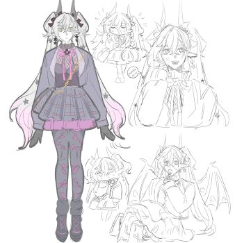 bag black_dress black_pantyhose black_shoes black_skirt breasts closed_eyes demon_horns dress e_eeeeng english_text fangs fate/grand_order fate_(series) green_eyes handbag highres horns lilith_(fate) medium_breasts pantyhose pink_hair pleated_skirt shoes sketch skirt speech_bubble twintails white_hair