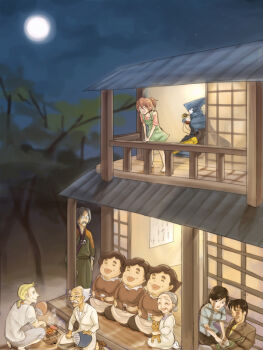 Rule 34 | 5boys, 6+girls, aian shuta, android, asagi marin, asagi moto, barefoot, black hair, blurry, blurry background, bottle, brainpie, brigadoon, brown hair, brown shirt, cat, cooking, full moon, green overalls, grey hair, grilling, hand fan, house, japanese clothes, melan blue, mike white, momoi futae, momoi hitoe, momoi mitsue, moon, multiple boys, multiple girls, night, onando shirou, outdoors, overalls, shadow, shirt, sitting, tokita jun, tokita tadashi, tree, triplets, white hair, wine bottle