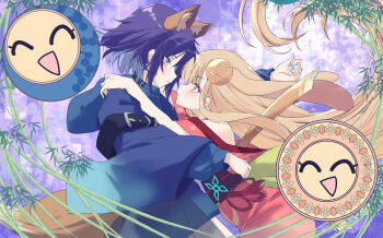 Rule 34 | 2girls, animal ear fluff, animal ears, arm belt, bamboo, bare shoulders, belt, belt buckle, belt collar, black belt, black collar, blue eyes, blue hoodie, blue nails, blunt bangs, blush, brown eyes, brown hair, buckle, cho kaguya-hime!, collar, commentary request, cowboy shot, crescent, crescent hair ornament, eye contact, face-to-face, fingernails, floating hair, fox ears, fox girl, fox tail, from side, gradient background, hair between eyes, hair ornament, hand on another's shoulder, hand up, highres, hood, hood down, hoodie, japanese clothes, kaguya (cho kaguya-hime!), kimono, layered sleeves, long hair, long sleeves, looking at another, looking down, looking up, miko embrace, multiple girls, nail polish, obi, obijime, parted lips, purple background, purple hair, red kimono, sakayori iroha, sash, short hair, short sleeves, standing, tail, urutsu sahari, very long hair, wide sleeves, yuri