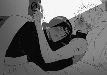 Rule 34 | 2boys, black hair, black shirt, blunt bangs, blush, book, bowl cut, cheekbones, commentary request, couple, cuddling, frown, furrowed brow, greyscale, hair between eyes, hatake kakashi, highres, holding, holding book, korean commentary, long sleeves, m0 mo momo, male focus, might guy, monochrome, multiple boys, naruto (series), pillow, reading, scar, scar across eye, scar on face, shirt, short hair, shoulder tattoo, sleeveless, sleeveless turtleneck, spiked hair, sweat, tattoo, thick eyebrows, turtleneck, under covers, white hair, yaoi