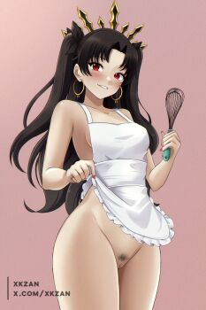 Rule 34 | 1girl, apron, apron lift, artist name, asymmetrical legwear, black hair, blush, bottomless, bow, breasts, clothes lift, clothes pull, commentary request, cowboy shot, crown, earrings, fate/grand order, fate (series), female pubic hair, fingernails, frilled apron, frills, from below, gold, gradient background, hair bow, hair ornament, hair ribbon, happy valentine, highleg, highleg panties, highres, holding, holding whisk, hoop earrings, ishtar (fate), jewelry, lifting own clothes, long hair, looking at viewer, medium breasts, nail polish, naked apron, nearly naked apron, paid reward available, panties, parted bangs, pink background, pink nails, presenting, pubic hair, pussy, red eyes, ribbon, shirt lift, side-tie panties, smile, smirk, solo, standing, thick thighs, thighs, tiara, twintails, twitter username, two side up, uncensored, underwear, valentine, whisk, white apron, xkzan