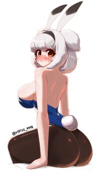 1girl absurdres alternate_costume alvis_(last_origin) animal_ear_hairband animal_ears ass black_pantyhose blush breasts brown_eyes commentary_request fake_animal_ears hairband highres huge_ass korean_commentary large_breasts last_origin looking_at_viewer pantyhose playboy_bunny rabbit_tail short_hair simple_background sitting solo sweatdrop tail two_side_up virtus white_hair