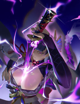 1girl arm_up asymmetrical_sleeves blurry blurry_background braid breasts bridal_gauntlets cleavage closed_mouth clothing_cutout commentary_request drawing_sword electricity fan_hair_ornament floating_hair genshin_impact glint glowing glowing_sword glowing_weapon gradient_hair hair_floating_upwards hair_ornament highres holding holding_sword holding_weapon hualili_de_baozha huge_breasts human_scabbard japanese_clothes kimono large_breasts long_braid long_hair mole mole_under_eye multicolored_hair musou_isshin_(genshin_impact) neck_ribbon off_shoulder powering_up purple_background purple_eyes purple_hair purple_kimono purple_nails raiden_shogun red_ribbon red_sash ribbon sash shade shoulder_cutout single_braid solo streaked_hair sword sword_between_breasts uneven_sleeves upper_body weapon wide_sleeves