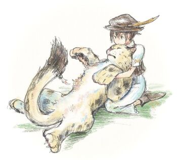 1girl brown_hair brown_hat closed_mouth commentary_request green_eyes hat hat_feather linde_(octopath_traveler) octopath_traveler octopath_traveler_i on_grass qqqqqli sitting snout snow_leopard tail tressa_(octopath_traveler) tressa_colzione