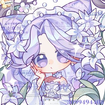 Rule 34 | 1girl, artist name, bare shoulders, bow, chibi, choker, closed mouth, collarbone, detached sleeves, dress, earrings, eyelashes, flower, frilled sleeves, frills, hair bun, hair flower, hair ornament, hand on own face, hand up, highres, jewelry, long hair, long sleeves, looking at viewer, maguaxiaoxingqiu, mixed-language text, off shoulder, original, parted bangs, purple eyes, purple hair, sample watermark, solo, sparkle, star (symbol), too many watermarks, upper body, watermark, white background, white bow, white choker, white dress, white flower, white sleeves, wide sleeves