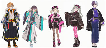 2boys 3girls :o adapted_costume animal_ear_fluff animal_ears animal_hat aoyagi_touya awakening_beat_(project_sekai) azusawa_kohane black_boots black_gloves black_hakama black_hat black_jacket black_kimono black_socks blue_eyes blue_hair blue_nails boots brown_eyes brown_hair brown_pantyhose closed_mouth earrings fake_animal_ears find_a_way_out_(project_sekai) fishnet_thighhighs fishnets frilled_boots frilled_footwear frills gloves gradient_hair green_hair grey_background grey_eyes grey_jacket grin hair_between_eyes hair_ornament hairclip hakama hakama_skirt hakusai_(tiahszld) hand_on_own_hip hand_up hat hatsune_miku highres itsuka_senaka_awase_no_lyric_wo_(project_sekai) jacket japanese_clothes jewelry kimono long_hair long_sleeves looking_at_viewer multicolored_hair multicolored_hat multiple_boys multiple_girls nail_polish obi one_eye_closed open-toe_boots open_clothes open_jacket orange_eyes orange_hair pantyhose parted_lips pinching_sleeves pink_pantyhose pink_sandals print_pantyhose project_sekai purple_hair purple_kimono quilting_formal_(project_sekai) revision same_dreams_same_colors_(project_sekai) sandals sash shinonome_akito shiraishi_an shoes short_kimono simple_background single_fishnet_legwear skirt sleeves_past_wrists smile socks standing standing_on_one_leg star_(symbol) star_hair_ornament streaked_hair thighhighs thighhighs_over_pantyhose twintails two-tone_hair unmoving_pattern very_long_hair vivid_bad_squad_(project_sekai) vivid_bad_squad_miku vocaloid white_kimono white_shoes wide_sleeves yellow_eyes