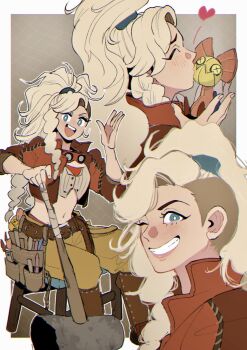 Rule 34 | 1girl, asymmetrical hair, belt, blonde hair, blue eyes, blush, border, brown belt, brown jacket, closed eyes, commentary request, crop top, eyelashes, fingernails, gemma (monster hunter wilds), goggles, goggles around neck, grin, hammer, highres, holding, holding hammer, jacket, kiss, lips, long hair, midriff, mogutory, monster hunter (series), monster hunter wilds, multiple views, navel, one eye closed, open clothes, open jacket, outline, panties, ponytail, sidecut, single sidelocks, sledgehammer, smile, teeth, undercut, underwear, white border, white outline, white panties