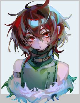 1boy bare_shoulders brown_hair closed_mouth cloud_(lufaeris) commentary cropped_torso double-parted_bangs fur_(clothing) green_shirt grey_background hair_between_eyes highres looking_at_viewer male_focus messy_hair original red_eyes shirt short_hair sleeveless sleeveless_shirt solo symbol-only_commentary