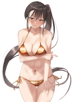 1girl bikini black_hair blush breasts brown_eyes collarbone commentary_request cowboy_shot embarrassed gold_bikini kantai_collection long_hair looking_at_viewer medium_breasts nachi_(kancolle) navel side_ponytail solo swimsuit toka_(marchlizard) very_long_hair white_background