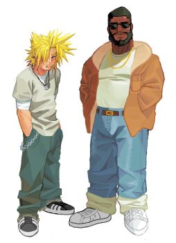 2boys alternate_costume baggy_pants barret_wallace beard belt black_hair black_shoes blonde_hair blue_pants brown_belt brown_jacket capsule_(capsulecomputrz) closed_mouth cloud_strife commentary contemporary dark-skinned_male dark_skin denim dog_tags ear_piercing english_commentary eyebrow_piercing face_piercing facial_hair final_fantasy final_fantasy_vii full_body fur-trimmed_jacket fur_trim gold_necklace grey_shirt hands_in_pockets jacket jeans jewelry layered_sleeves looking_at_viewer male_focus multiple_boys necklace pants piercing scar scar_across_eye scar_on_face shirt shirt_tucked_in shoes short_hair simple_background snakebite_(piercing) sneakers spiked_hair standing sunglasses undershirt wallet_chain white_background white_shirt white_shoes