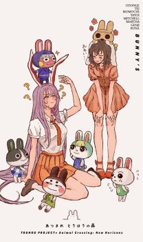 Rule 34 | 3boys, 5girls, ?, animal crossing, animal ears, carrot, chibikemo, closed eyes, coco (animal crossing), crossover, dotty (animal crossing), dress, genji (animal crossing), haniwa (statue), inaba tewi, jewelry, long hair, multiple boys, multiple girls, necktie, ninja, nintendo, oi yoi 0, orange skirt, pendant, pink dress, purple hair, rabbit, rabbit ears, rabbit girl, red eyes, reisen udongein inaba, ruby (animal crossing), sasha (animal crossing), shirt, shoes, simple background, sitting, skirt, snake (animal crossing), socks, species connection, standing on another's head, touhou, very long hair, white background, white shirt