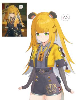 1girl 4kebidayo absurdres animal_ear_fluff animal_ears black_shorts blonde_hair closed_mouth colored_inner_hair commentary commentary_request cowboy_shot frown game_screenshot_inset green_eyes grey_shirt high-waist_shorts highres jacket ju_fufu long_hair looking_down medallion multicolored_hair orange_fur reference_inset shirt shirt_tucked_in shorts simple_background sleeves_past_wrists solo spoken_expression striped_fur striped_hair tail tiger_ears tiger_girl tiger_stripes tiger_tail white_background yellow_jacket zenless_zone_zero