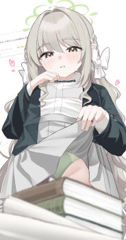 1girl absurdres blue_archive blush book book_stack bow bowtie braid choppy_bangs clothes_lift diagonal-striped_bow flower_halo green_bow green_bowtie green_halo green_jacket green_panties grey_hair grey_skirt hair_bow hair_ribbon halo highres jacket lifting_own_clothes long_hair long_sleeves looking_at_viewer miyo_(blue_archive) panties request_inset ribbon ribbon_braid shirt skirt skirt_lift solo soujou_motona striped_bow striped_bowtie striped_clothes translation_request underwear white_bow white_shirt yellow_eyes