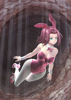 1girl air_bubble animal_ears aqua_eyes arms_at_sides bare_arms bare_shoulders bow bowtie breasts bubble cave cleavage closed_mouth code_geass commentary_request commission detached_collar ekibyou expressionless freediving full_body grey_pantyhose head_tilt high_heels highres kouzuki_kallen large_breasts leotard looking_to_the_side neck pantyhose parted_bangs pink_bow pink_bowtie pink_leotard pink_shoes playboy_bunny purple_hair rabbit_ears red_hair shoes short_hair solo strapless strapless_leotard sunlight swimming thick_thighs thighs underwater wrist_cuffs