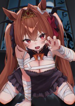 1girl alternate_costume animal_ears antenna_hair bandaged_arm bandaged_chest bandaged_wrist bandages bare_shoulders black_dress blush breasts brown_hair claw_pose cleavage commentary crossed_bangs daiwa_scarlet_(umamusume) dress fang fingernails frilled_dress frills hair_between_eyes hair_intakes highres horse_ears horse_girl large_breasts long_fingernails long_hair looking_at_viewer nail_polish open_mouth red_eyes red_nails sharp_fingernails skin_fang sleeveless sleeveless_dress solo symbol-only_commentary tiara umamusume very_long_hair yamaro_(yamaro0)
