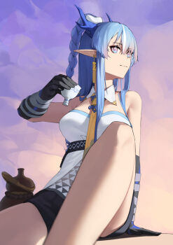 1girl arknights black_shorts blue_eyes blue_hair braid breasts commentary_request cup detached_collar gourd highres holding holding_cup large_breasts ling_(arknights) long_hair mkrk_mikaerukung necktie pointy_ears shirt shorts sidelocks sitting smile solo strapless strapless_shirt white_shirt yellow_necktie