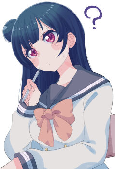 1girl ? blue_hair blush brown_jacket commentary_request cream_(nipakupa) grey_sailor_collar hair_bun head_tilt holding holding_pencil jacket long_sleeves love_live! love_live!_sunshine!! mechanical_pencil neck_ribbon pencil red_eyes ribbon sailor_collar school_uniform solo sweatdrop tsushima_yoshiko uranohoshi_school_uniform white_background yellow_ribbon