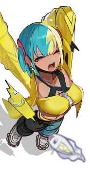 1girl arm_up black_pants blonde_hair blue_eyes blue_hair blue_pants blush breasts canari_(pokemon) gen_4_pokemon highres jacket large_breasts looking_at_viewer medium_hair mosuroshyu multicolored_hair nintendo open_mouth pants pokemon pokemon_(creature) pokemon_legends:_z-a rotom rotom_phone solo split-color_hair strapless stretching tube_top two-tone_pants two_side_up white_background yellow_jacket yellow_tube_top